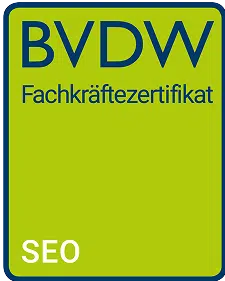 BVDW Fachkräftezertifikat mit grünem Hintergrund und blauer Schrift.
