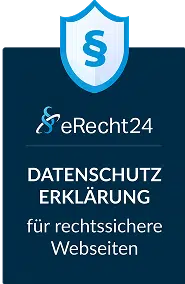 Logo von eRecht24 mit dem Text "Datenschutzerklärung für rechtssichere Webseiten".