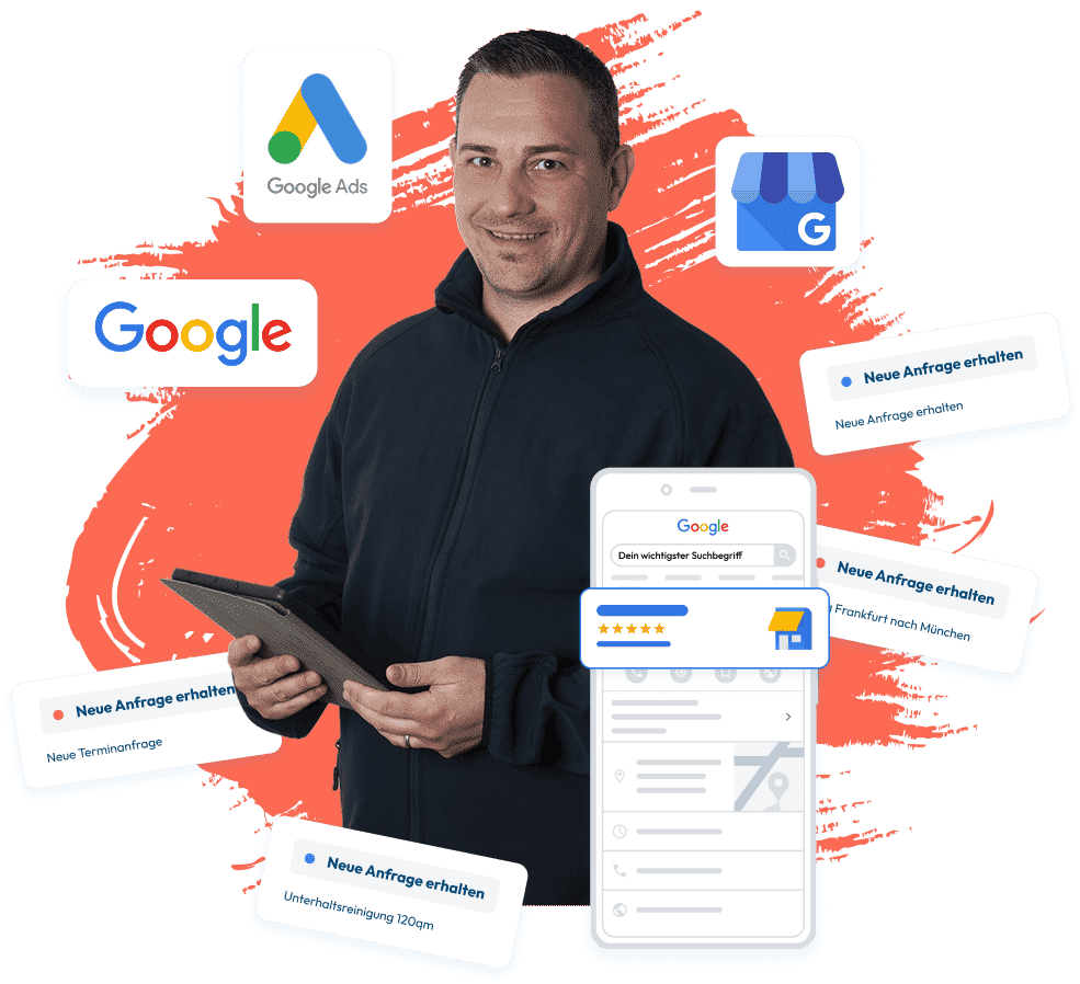 Person hält Tablet mit Google-Ads-Logos und Smartphone mit Suchanfragen.