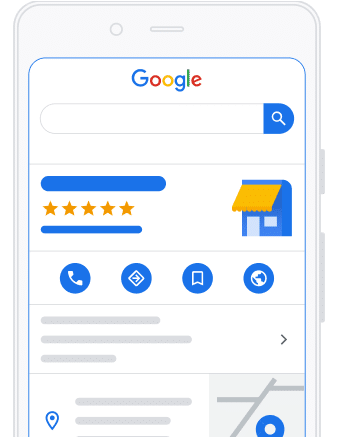 Smartphone-Anzeige mit Google-Suche, Lokale Geschäfte Bewertung und Navigation