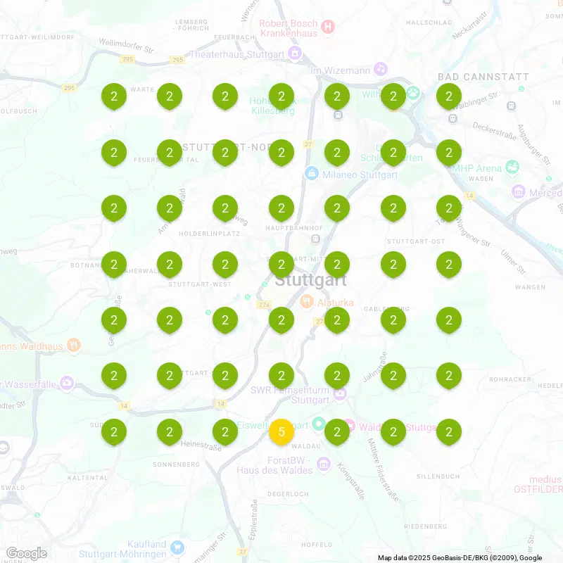 Karte von Stuttgart mit Luftqualitätswerten in grünen und einem gelben Kreis.