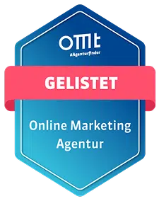Blaues OMT-Abzeichen für gelistete Online-Marketing-Agenturen.