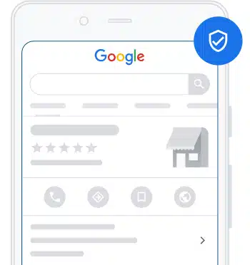 Smartphone zeigt Google-Suchergebnisse mit Geschäftssymbol und Bewertungen.