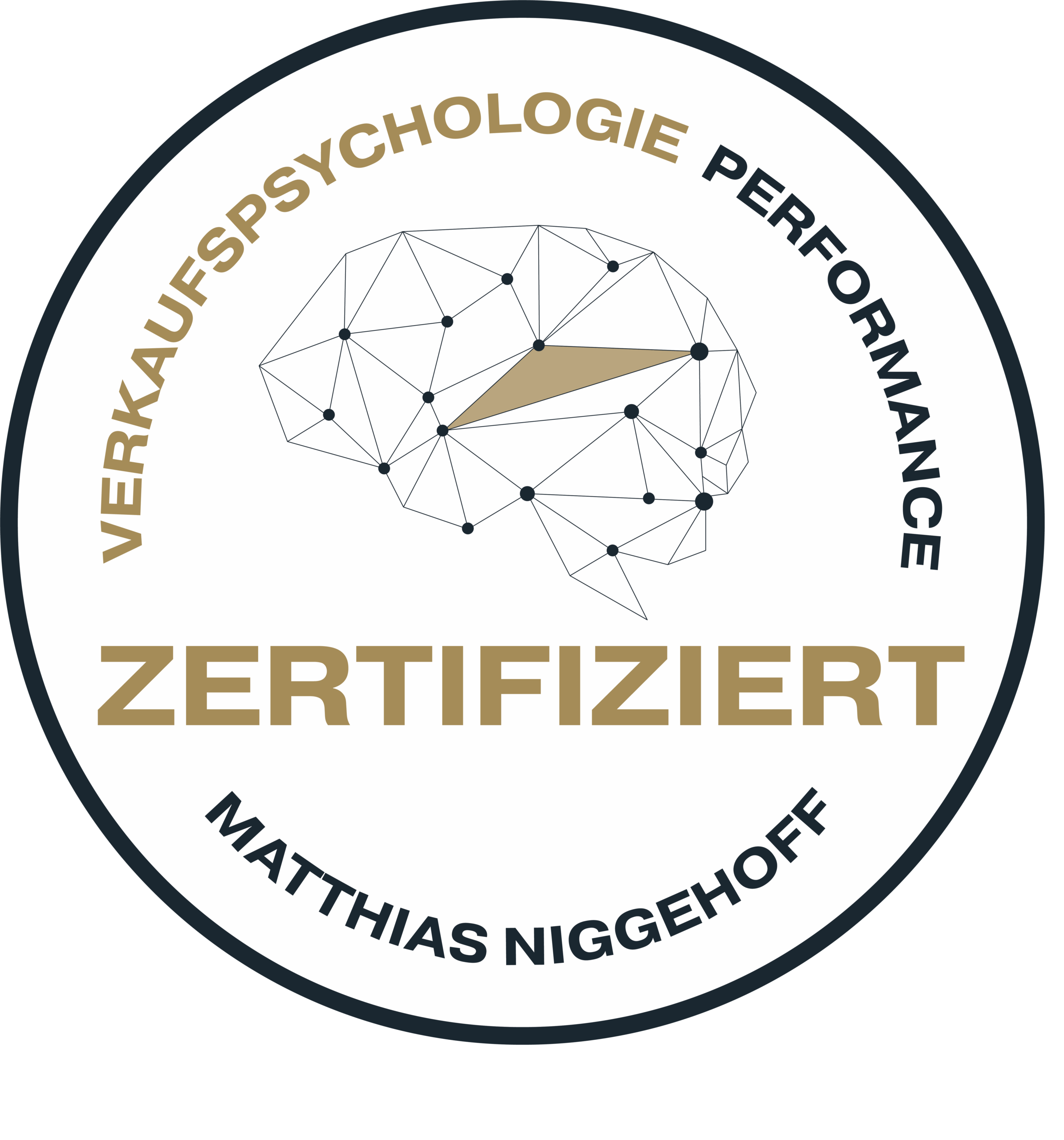 Rundes Zertifikatslogo mit polygonaler Gehirngrafik und Schriftzügen.