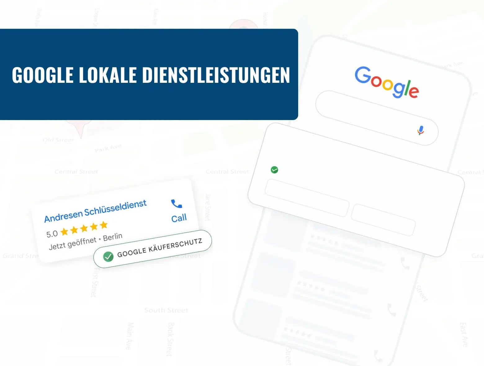 Darstellung von Google lokaler Dienstleistungssuche mit Bewertung und Käuferschutzsymbol.